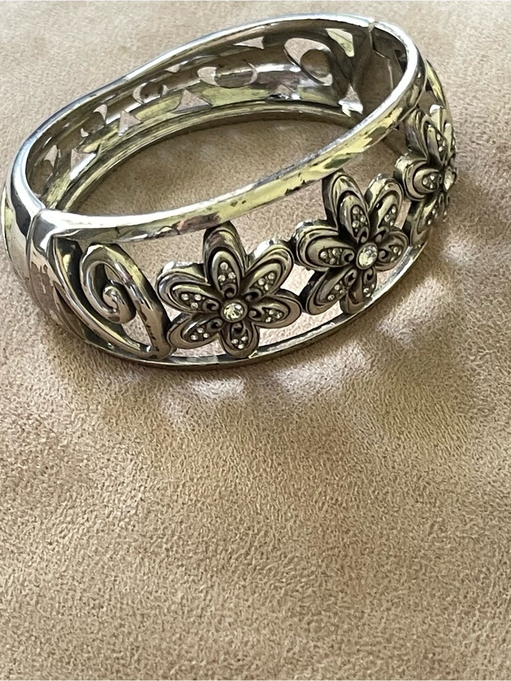 Brighton Silver Floral Crystal Accent Bangle Bracelet